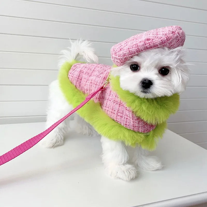 Tweedie Darling  Dog Outfit – Chic Tweed Poncho & Hat Set