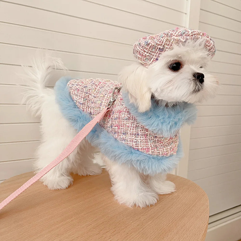 Tweedie Darling  Dog Outfit – Chic Tweed Poncho & Hat Set