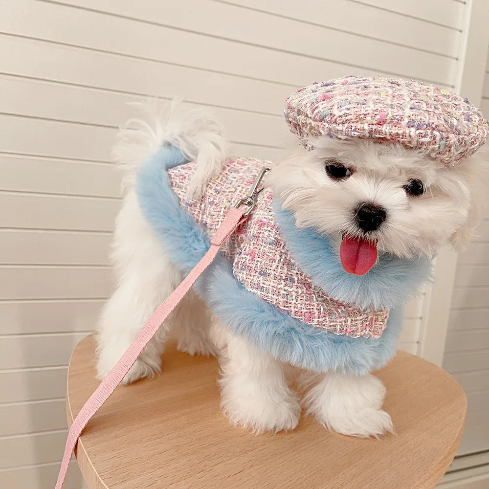 Tweedie Darling  Dog Outfit – Chic Tweed Poncho & Hat Set